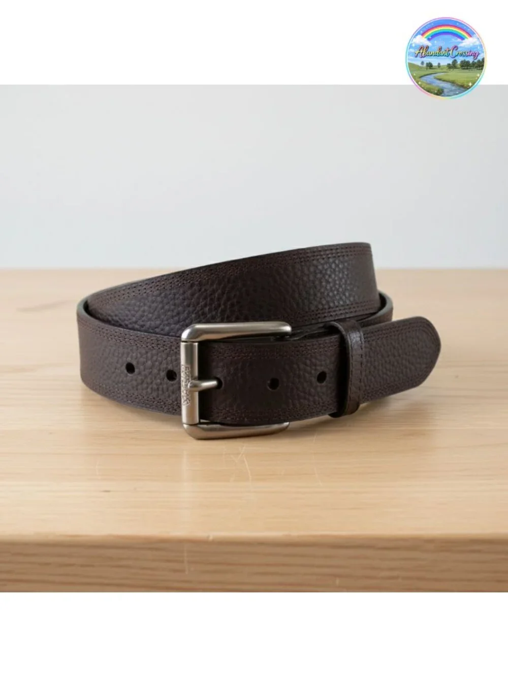 Men's Genuine Leather Western Belt Triple Row Stitch Roller Buckle
